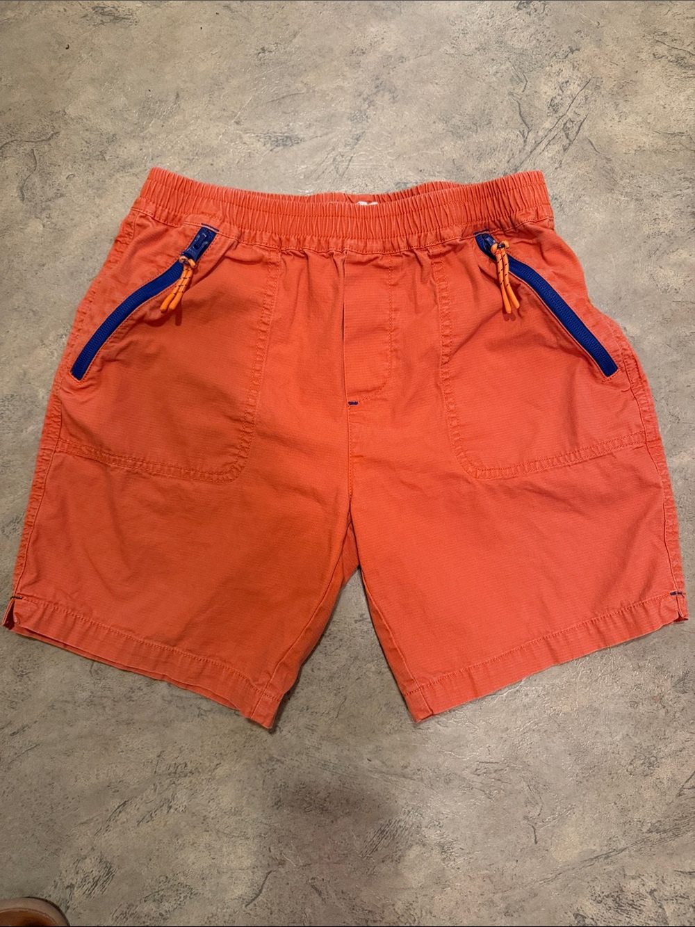 Mini Boden Bright Orange Kids Cargo Shorts with Blue Zip
